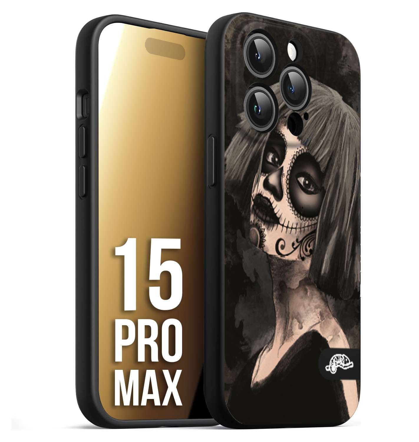 CUSTOMIZZA - Custodia cover nera morbida in tpu compatibile per iPhone 15 PRO MAX chicana messicana dea de la muerte donna santa tattoo disegnata