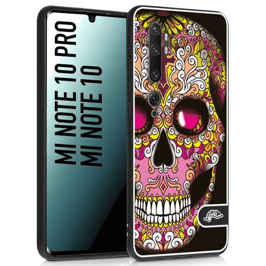 CUSTOMIZZA - Custodia cover nera morbida in tpu compatibile per Xiaomi Mi Note 10 - Mi Note 10 Pro teschio messicano Mexican skull rosa gialla