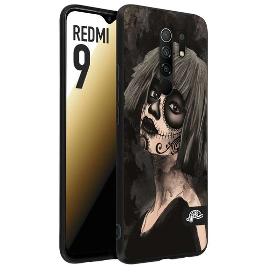 CUSTOMIZZA - Custodia cover nera morbida in tpu compatibile per Xiaomi Redmi 9 chicana messicana dea de la muerte donna santa tattoo disegnata