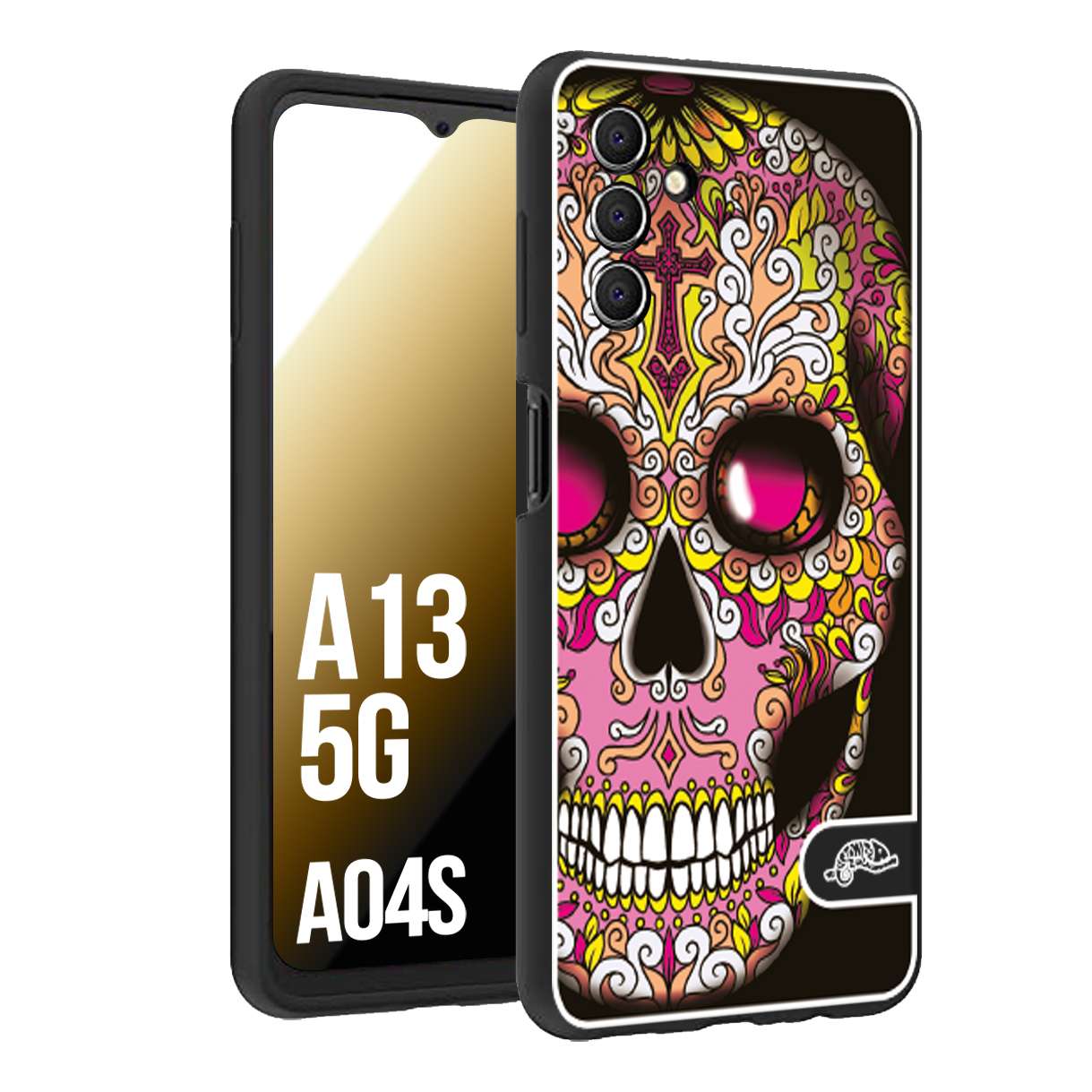 CUSTOMIZZA - Custodia cover nera morbida in tpu compatibile per Samsung A04S - A13 5G teschio messicano Mexican skull rosa gialla