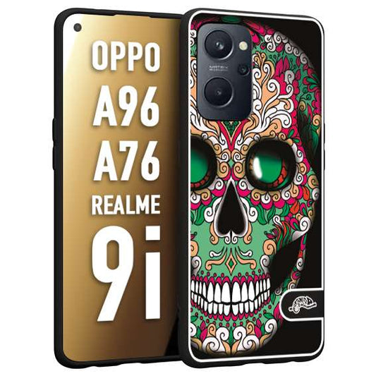 CUSTOMIZZA - Custodia cover nera morbida in tpu compatibile per Oppo Realme 9i - A96 - A76 teschio messicano Mexican skull verde fucsia