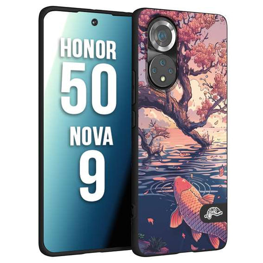 CUSTOMIZZA - Custodia cover nera morbida in tpu compatibile per Huawei Nova 9 - Honor 50 giapponese lago carpa koi rosa con foglie d'acero disegnata tattoo