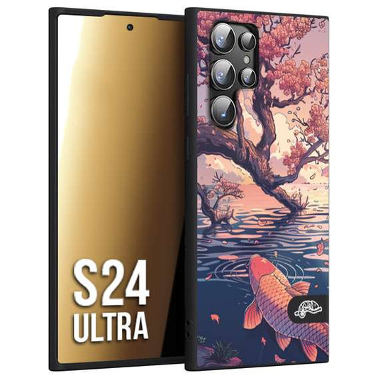 CUSTOMIZZA - Custodia cover nera morbida in tpu compatibile per Samsung S24 ULTRA giapponese lago carpa koi rosa con foglie d'acero disegnata tattoo