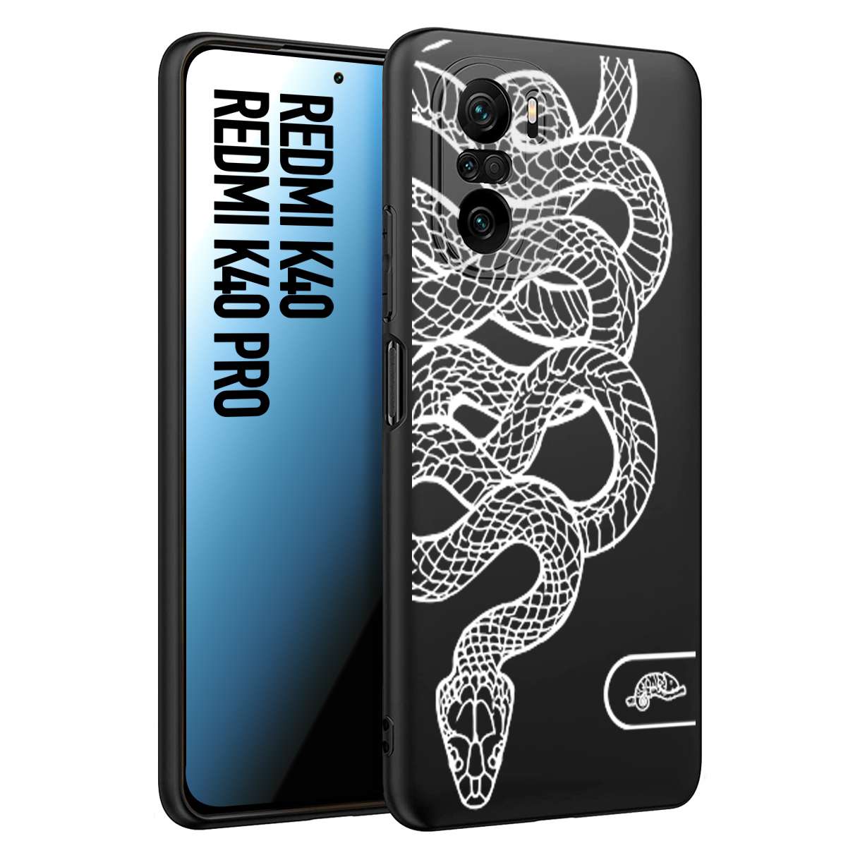 CUSTOMIZZA - Custodia cover nera morbida in tpu compatibile per Xiaomi Redmi K40 - K40 Pro serpente snake bianco a rilievo disegnato tattoo tatuaggio