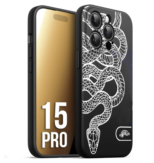 CUSTOMIZZA - Custodia cover nera morbida in tpu compatibile per iPhone 15 PRO serpente snake bianco a rilievo disegnato tattoo tatuaggio