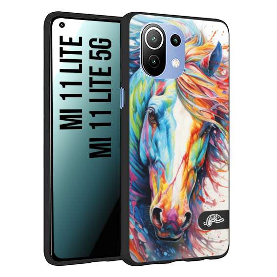 CUSTOMIZZA - Custodia cover nera morbida in tpu compatibile per Xiaomi Mi 11 Lite / Mi 11 Lite 5G animali color cavallo horse viso colori vibranti disegnato schizzo