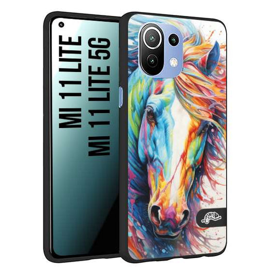 CUSTOMIZZA - Custodia cover nera morbida in tpu compatibile per Xiaomi Mi 11 Lite / Mi 11 Lite 5G animali color cavallo horse viso colori vibranti disegnato schizzo