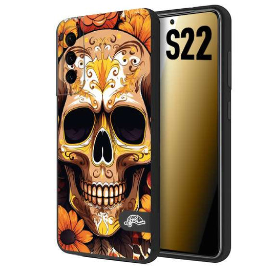 CUSTOMIZZA - Custodia cover nera morbida in tpu compatibile per Samsung S22 teschio messicano colorato dorato fiori tattoo disegnato