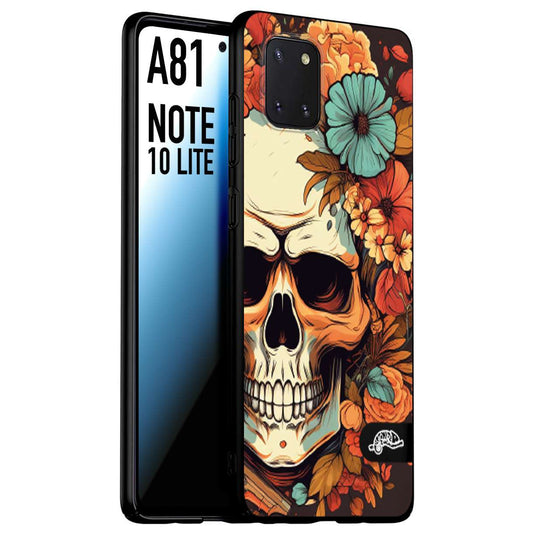 CUSTOMIZZA - Custodia cover nera morbida in tpu compatibile per Samsung A81 - Note 10 Lite teschio skull flowers fiori autunnali arancio celeste tattoo