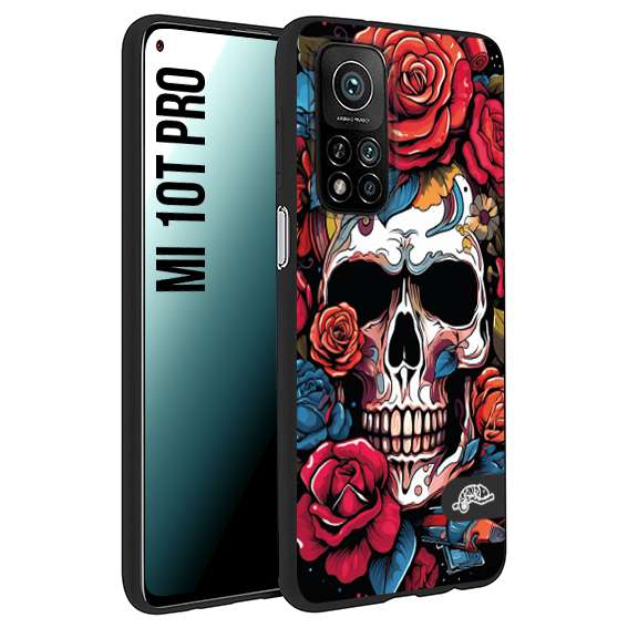 CUSTOMIZZA - Custodia cover nera morbida in tpu compatibile per Xiaomi Mi 10T PRO teschio skull flowers fiori rose rosse tattoo disegnato