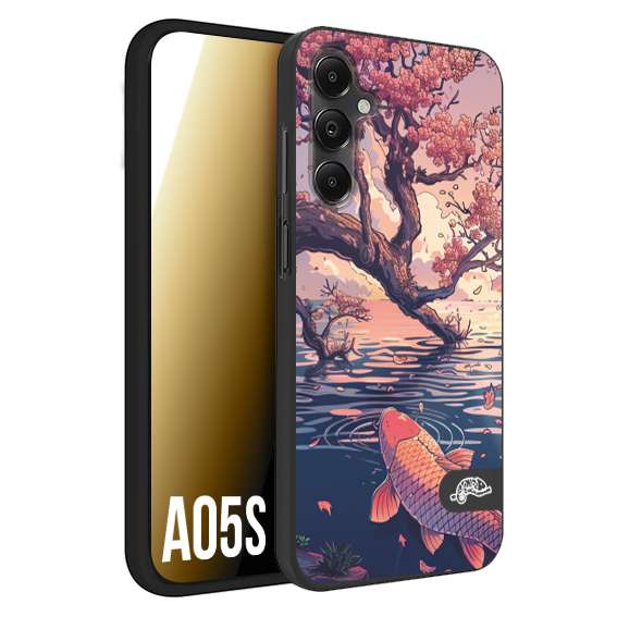 CUSTOMIZZA - Custodia cover nera morbida in tpu compatibile per Samsung A05S giapponese lago carpa koi rosa con foglie d'acero disegnata tattoo