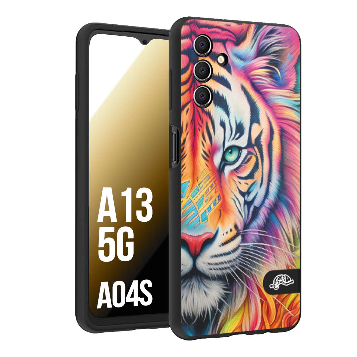 CUSTOMIZZA - Custodia cover nera morbida in tpu compatibile per Samsung A04S - A13 5G animali color tigre tiger viso colori vibranti disegnato schizzo