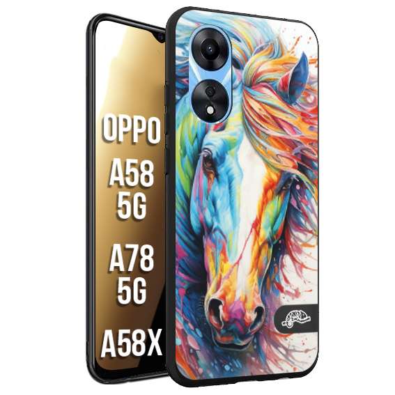 CUSTOMIZZA - Custodia cover nera morbida in tpu compatibile per Oppo A58 5G - A78 5G - A58X animali color cavallo horse viso colori vibranti disegnato schizzo