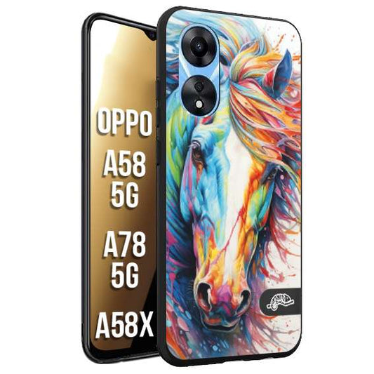 CUSTOMIZZA - Custodia cover nera morbida in tpu compatibile per Oppo A58 5G - A78 5G - A58X animali color cavallo horse viso colori vibranti disegnato schizzo