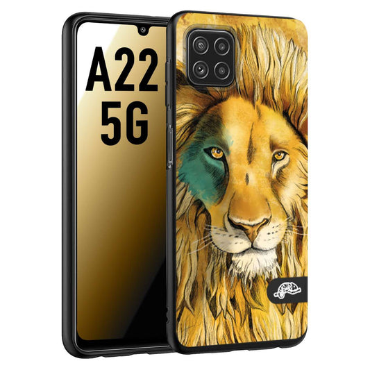 CUSTOMIZZA - Custodia cover nera morbida in tpu compatibile per Samsung A22 5G leone lion disegnato a mano giallo blu a rilievo artistico brown