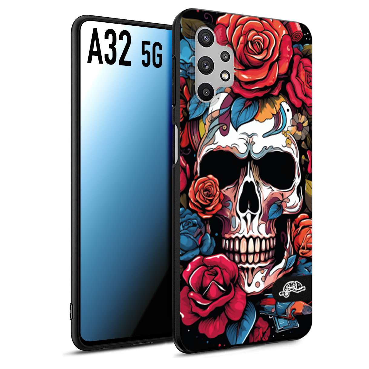 CUSTOMIZZA - Custodia cover nera morbida in tpu compatibile per Samsung A32 5G teschio skull flowers fiori rose rosse tattoo disegnato