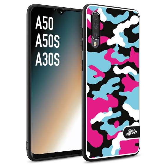 CUSTOMIZZA - Custodia cover nera morbida in tpu compatibile per Samsung A50 - A50S - A30S camouflage mimetico militare fucsia celeste