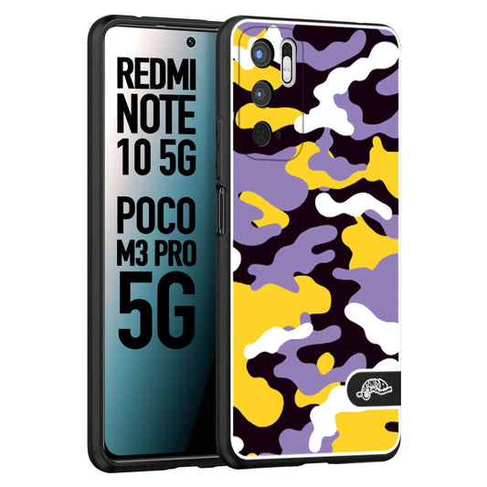 CUSTOMIZZA - Custodia cover nera morbida in tpu compatibile per Xiaomi Redmi Note 10 5G - Poco M3 Pro 5G camouflage mimetico militare viola lilla giallo