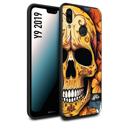 CUSTOMIZZA - Custodia cover nera morbida in tpu compatibile per Huawei Y9 2019 teschio messicano colorato dorato fiori autunnali disegnato