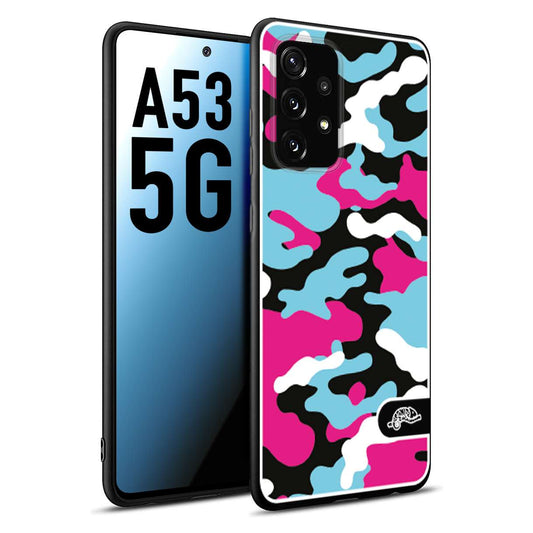 CUSTOMIZZA - Custodia cover nera morbida in tpu compatibile per Samsung A53 5G camouflage mimetico militare fucsia celeste