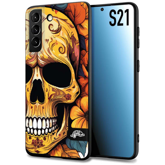 CUSTOMIZZA - Custodia cover nera morbida in tpu compatibile per Samsung S21 teschio messicano colorato dorato fiori autunnali disegnato