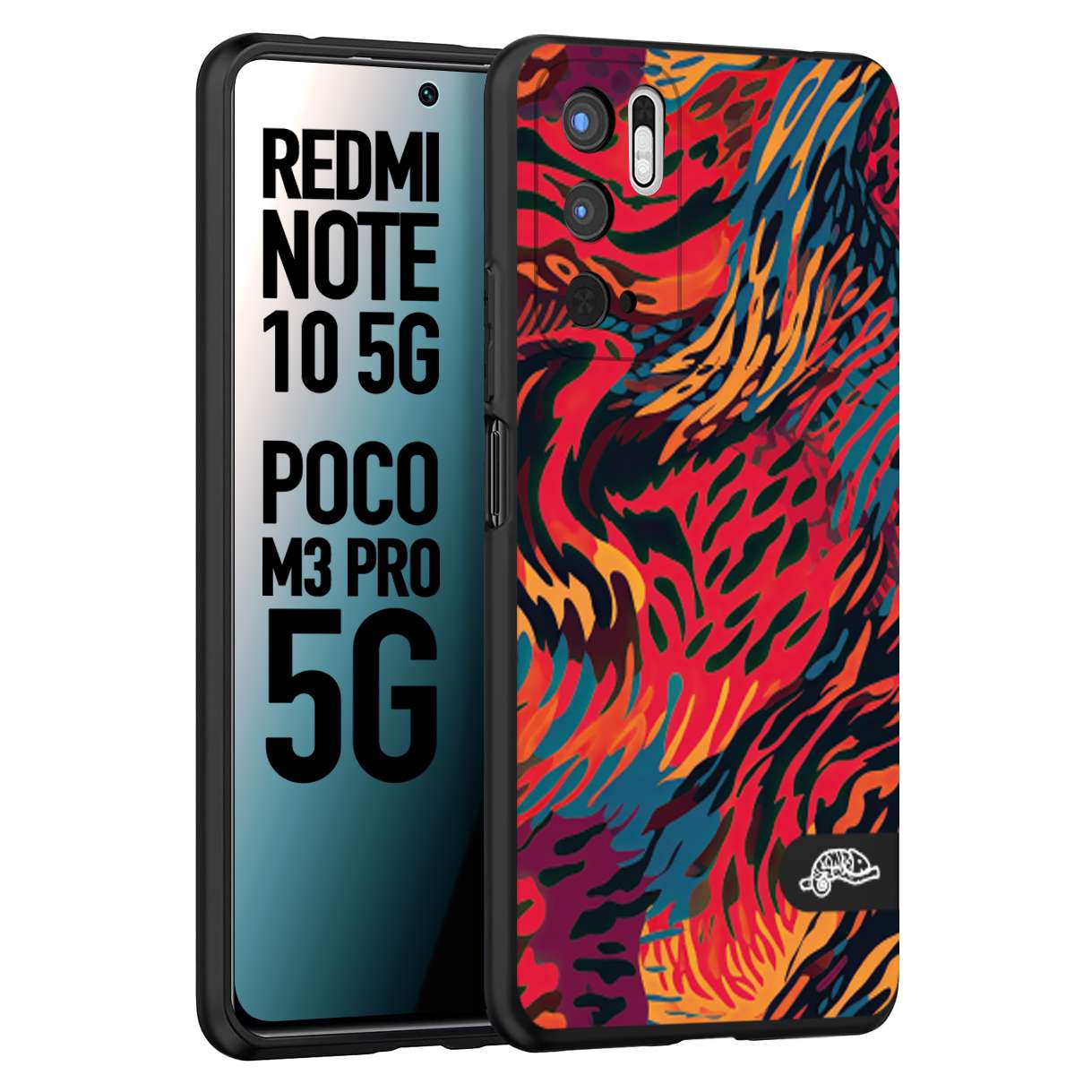 CUSTOMIZZA - Custodia cover nera morbida in tpu compatibile per Xiaomi Redmi Note 10 5G - Poco M3 Pro 5G leopardato maculato tigrato colorata fiamme rossa blu arancione