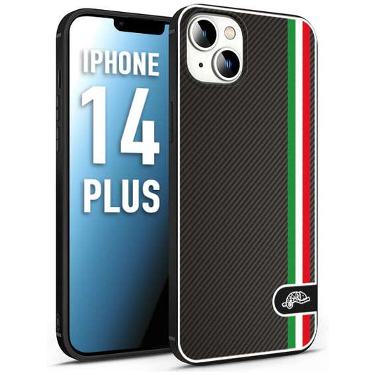 CUSTOMIZZA - Custodia cover nera morbida in tpu compatibile per iPhone 14 PLUS effetto fibra di carbonio bandiera Italia made in Italy