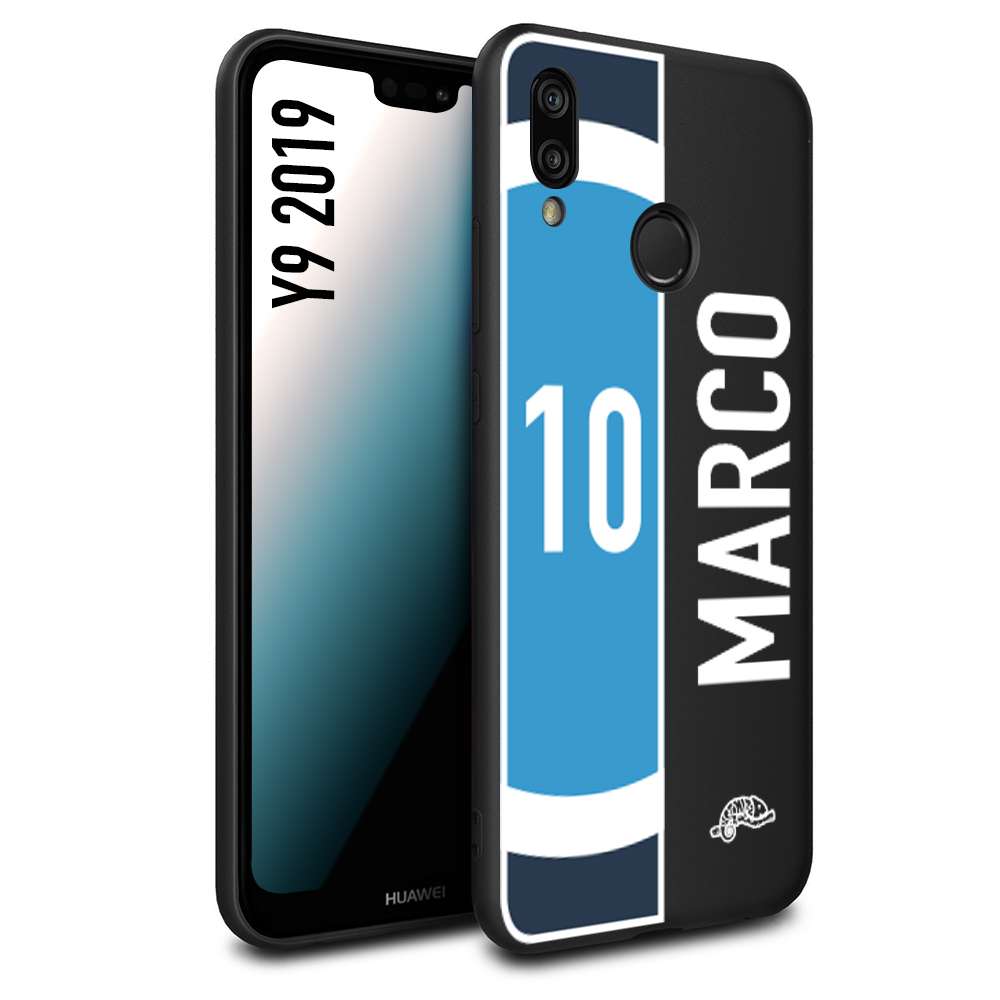 CUSTOMIZZA - Custodia cover nera morbida in tpu compatibile per Huawei Y9 2019 personalizzata calcio football nome e numero calciatori biancoazzurri bianco celesti