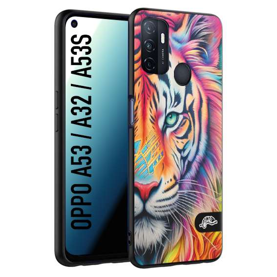 CUSTOMIZZA - Custodia cover nera morbida in tpu compatibile per Oppo A53 - A32 - A53S animali color tigre tiger viso colori vibranti disegnato schizzo