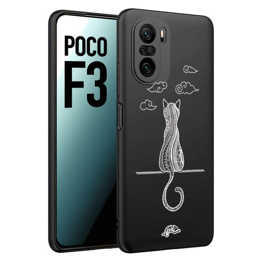 CUSTOMIZZA - Custodia cover nera morbida in tpu compatibile per Xiaomi Poco F3 gatto mandala stilizzato gattino a rilievo soft touch donna bianca