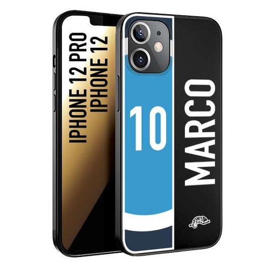 CUSTOMIZZA - Custodia cover nera morbida in tpu compatibile per iPhone 12 - 12 PRO personalizzata calcio football nome e numero calciatori biancoazzurri bianco celesti