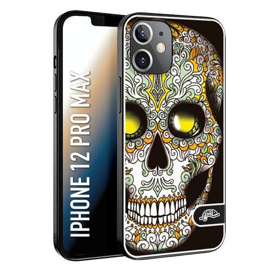 CUSTOMIZZA - Custodia cover nera morbida in tpu compatibile per iPhone 12 PRO MAX teschio messicano Mexican skull bianco verde giallo