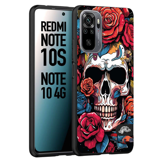 CUSTOMIZZA - Custodia cover nera morbida in tpu compatibile per Xiaomi Redmi Note 10S teschio skull flowers fiori rose rosse tattoo disegnato