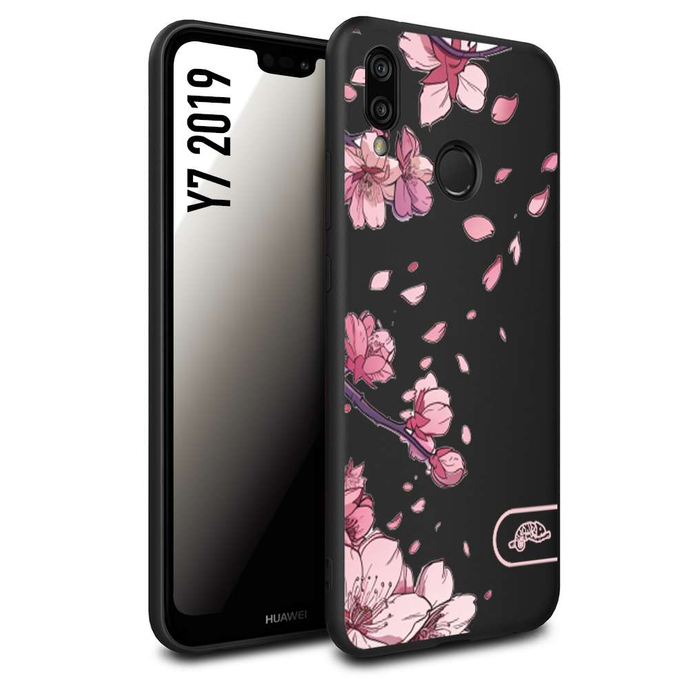 CUSTOMIZZA - Custodia cover nera morbida in tpu compatibile per Huawei Y7 2019 giapponese fiori di ciliegio in fiore a rilievo disegnata tattoo