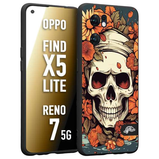 CUSTOMIZZA - Custodia cover nera morbida in tpu compatibile per Oppo Reno 7 - Find X5 LITE teschio skull flowers fiori tattoo disegnato alta definizione