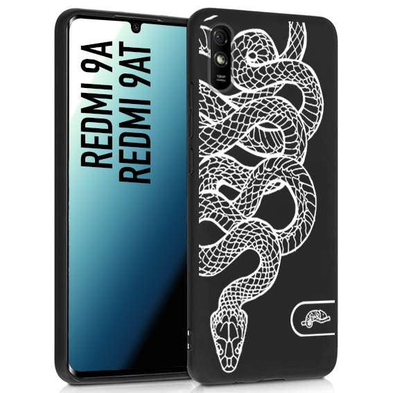 CUSTOMIZZA - Custodia cover nera morbida in tpu compatibile per Xiaomi Redmi 9A - 9AT serpente snake bianco a rilievo disegnato tattoo tatuaggio