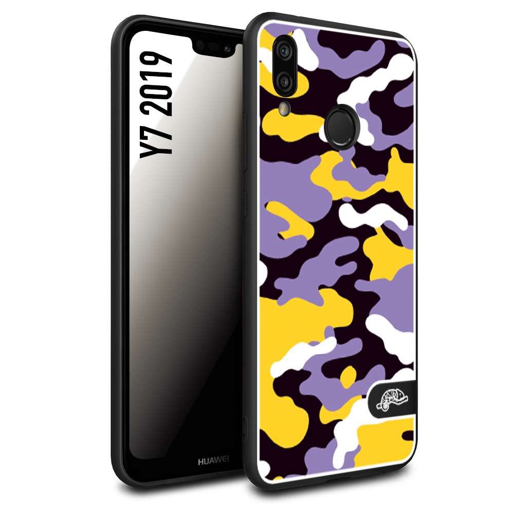 CUSTOMIZZA - Custodia cover nera morbida in tpu compatibile per Huawei Y7 2019 camouflage mimetico militare viola lilla giallo