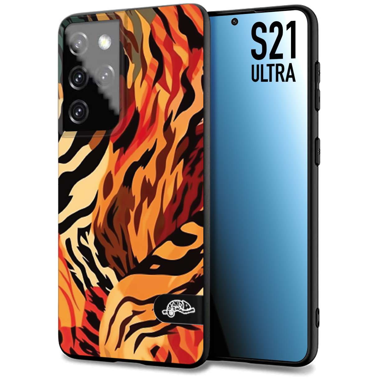 CUSTOMIZZA - Custodia cover nera morbida in tpu compatibile per Samsung S21 ULTRA leopardato maculato tigrato tiger colorata gialla rossa arancio