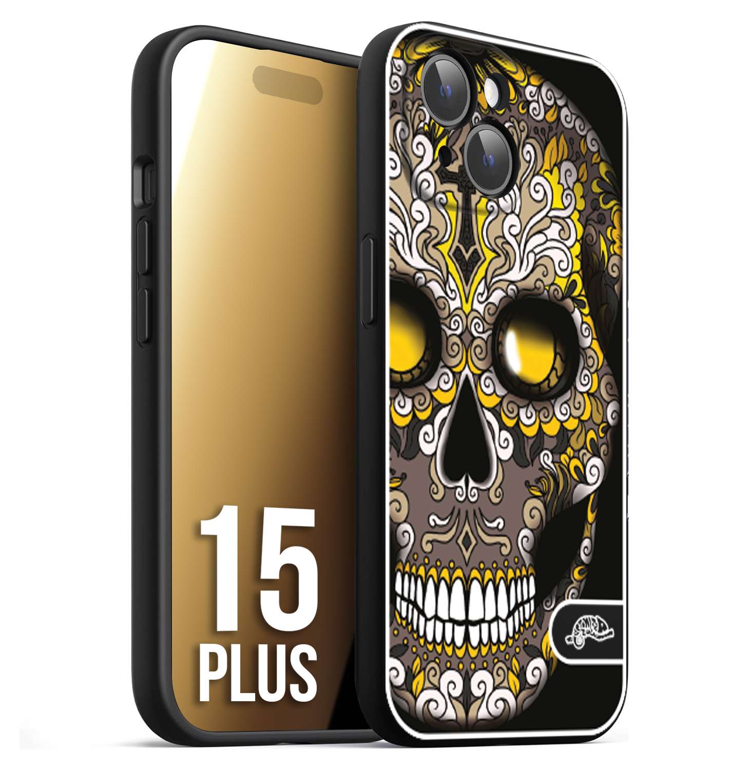 CUSTOMIZZA - Custodia cover nera morbida in tpu compatibile per iPhone 15 PLUS teschio messicano Mexican skull nero giallo