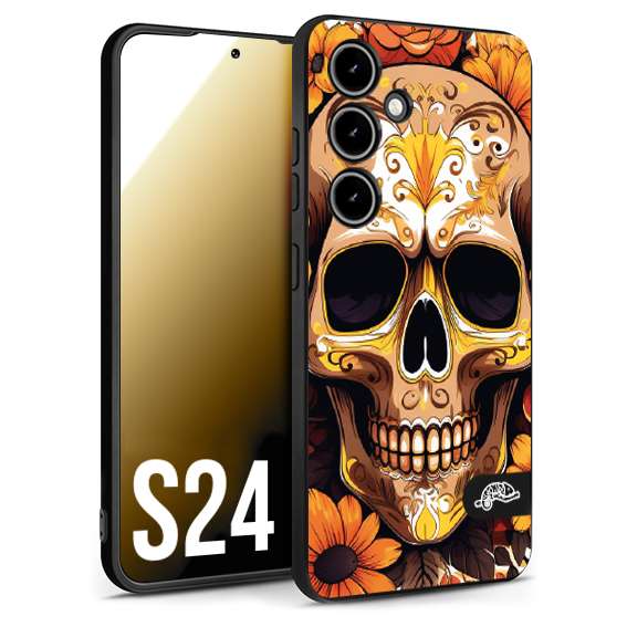 CUSTOMIZZA - Custodia cover nera morbida in tpu compatibile per Samsung S24 teschio messicano colorato dorato fiori tattoo disegnato