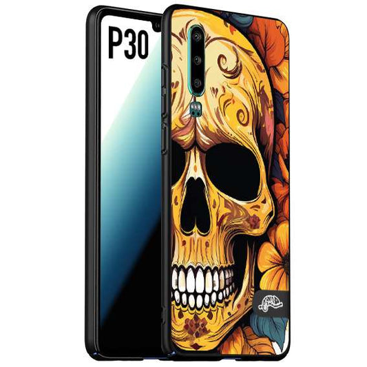 CUSTOMIZZA - Custodia cover nera morbida in tpu compatibile per Huawei P30 teschio messicano colorato dorato fiori autunnali disegnato