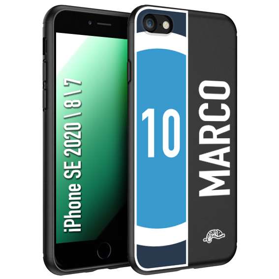 CUSTOMIZZA - Custodia cover nera morbida in tpu compatibile per iPhone 7 - 8 - SE 2020 / 2022 personalizzata calcio football nome e numero calciatori biancoazzurri bianco celesti