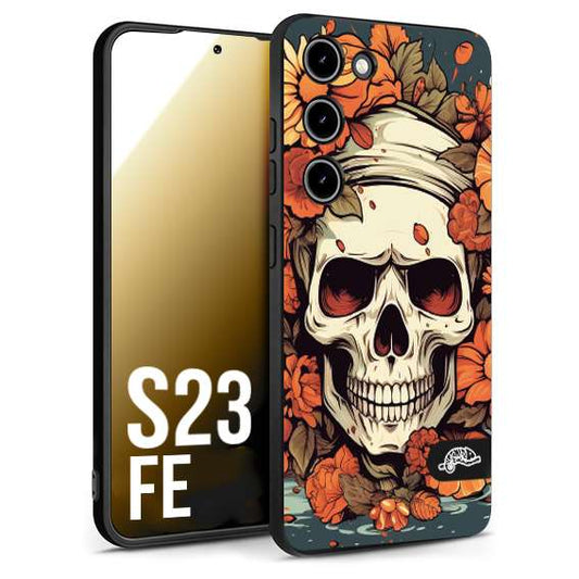 CUSTOMIZZA - Custodia cover nera morbida in tpu compatibile per Samsung S23 FE teschio skull flowers fiori tattoo disegnato alta definizione