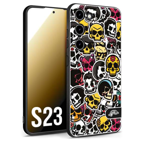 CUSTOMIZZA - Custodia cover nera morbida in tpu compatibile per Samsung S23 sticker bomb teschi colorati adesivi skulls skater snowboard