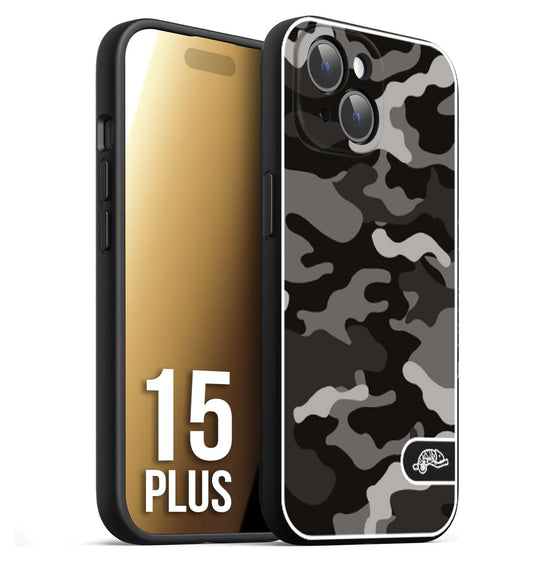 CUSTOMIZZA - Custodia cover nera morbida in tpu compatibile per iPhone 15 PLUS camouflage mimetico militare nero black grigio