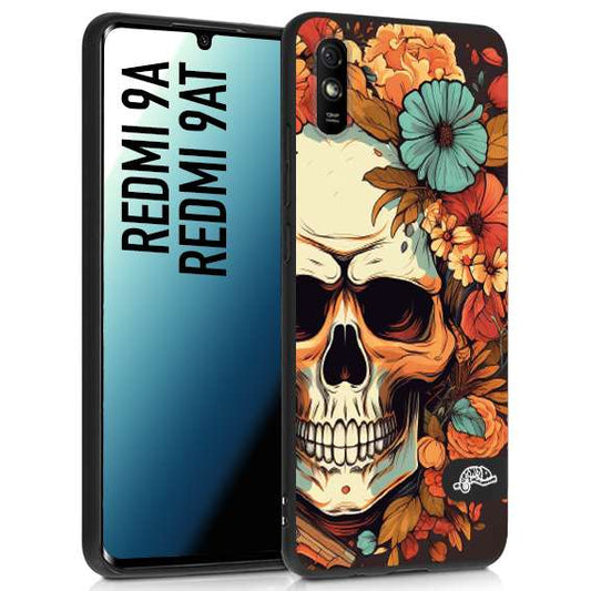 CUSTOMIZZA - Custodia cover nera morbida in tpu compatibile per Xiaomi Redmi 9A - 9AT teschio skull flowers fiori autunnali arancio celeste tattoo