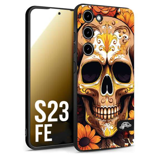 CUSTOMIZZA - Custodia cover nera morbida in tpu compatibile per Samsung S23 FE teschio messicano colorato dorato fiori tattoo disegnato