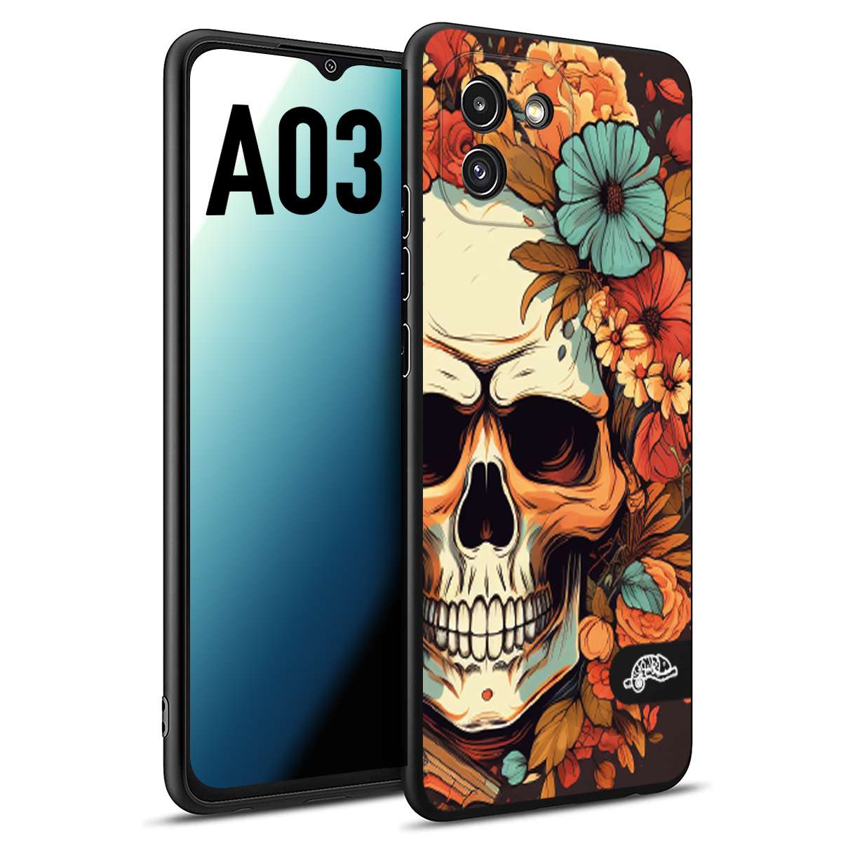 CUSTOMIZZA - Custodia cover nera morbida in tpu compatibile per Samsung A03 teschio skull flowers fiori autunnali arancio celeste tattoo