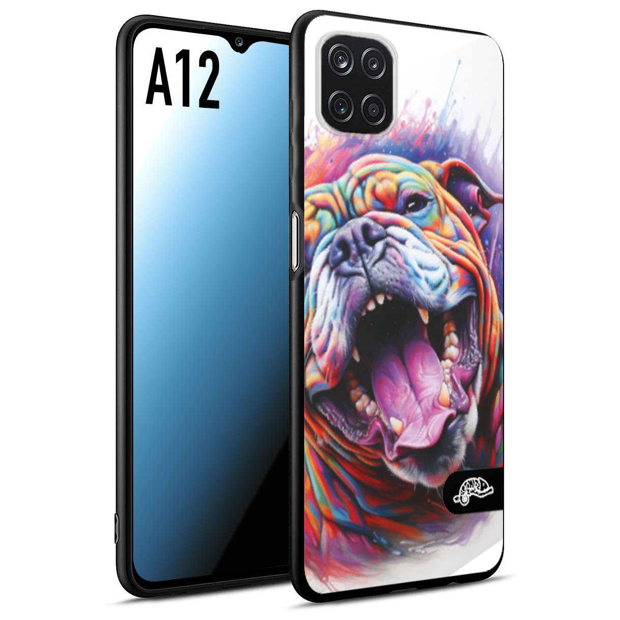 CUSTOMIZZA - Custodia cover nera morbida in tpu compatibile per Samsung A12 animali color bulldog cane dog colori vibranti disegnato schizzo