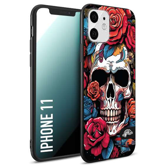 CUSTOMIZZA - Custodia cover nera morbida in tpu compatibile per iPhone 11 teschio skull flowers fiori rose rosse tattoo disegnato